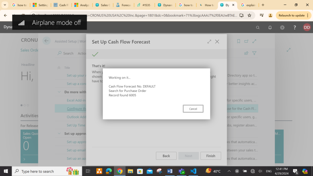 cash flow forecast setup is complete