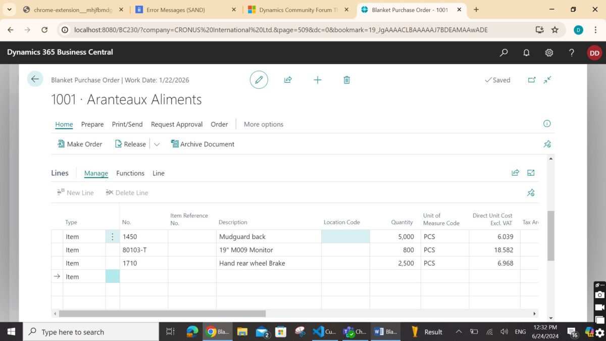 Blanket Orders in Dynamics 365 Business Central