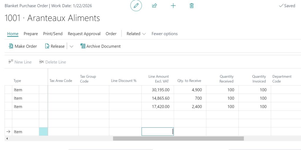 purchase order with the quantities received